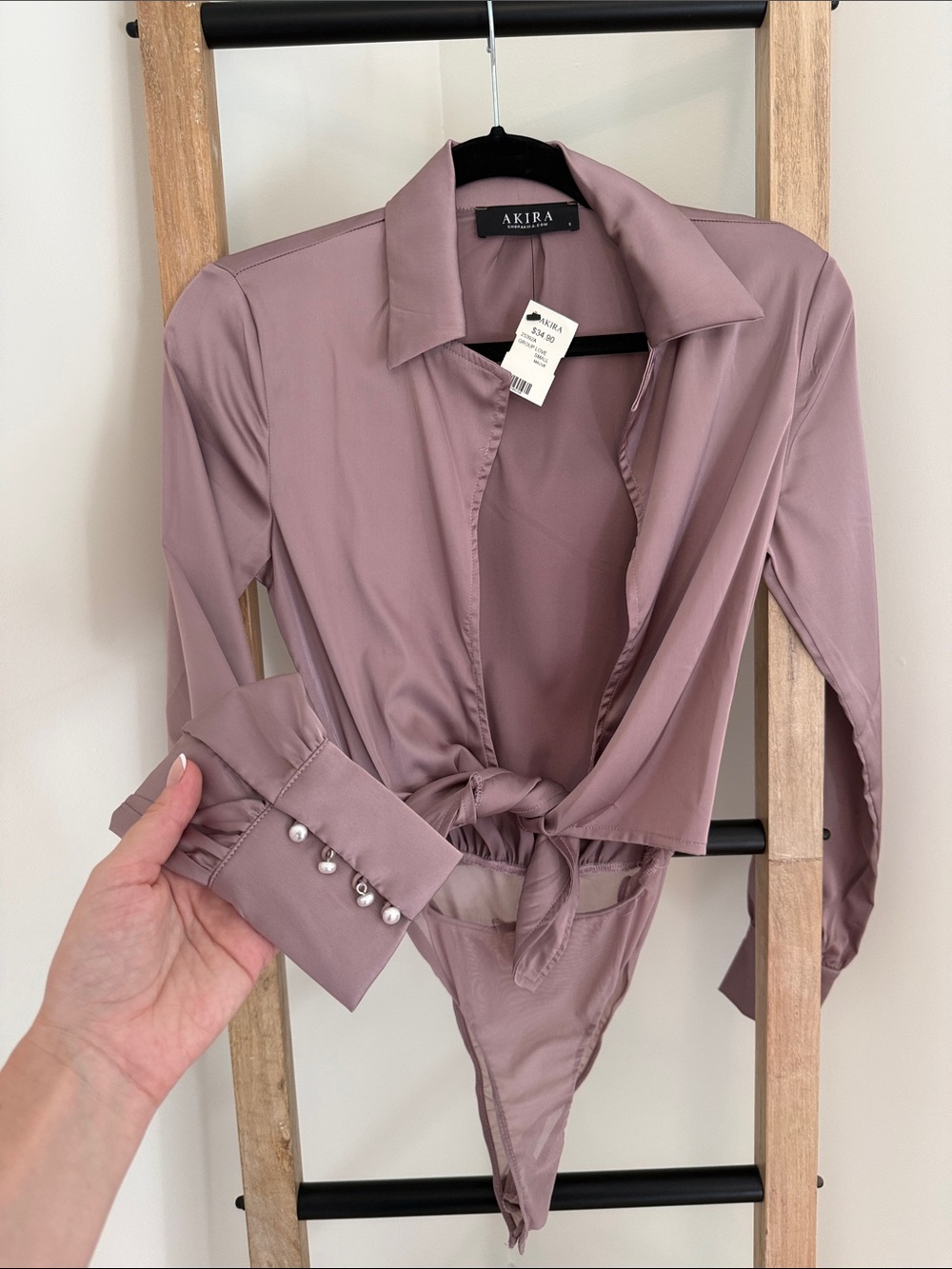AKIRA Dusty Mauve Tie-Front Long Sleeve Bodysuit